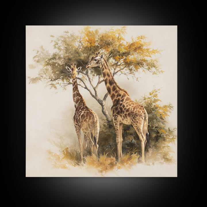 Giraffe Pair under Acacia Tree Framed Canvas Print, Wildlife Art, Fine Art Print, Living Room Decor, Oil Painting, Wild, WIL-1x1-79