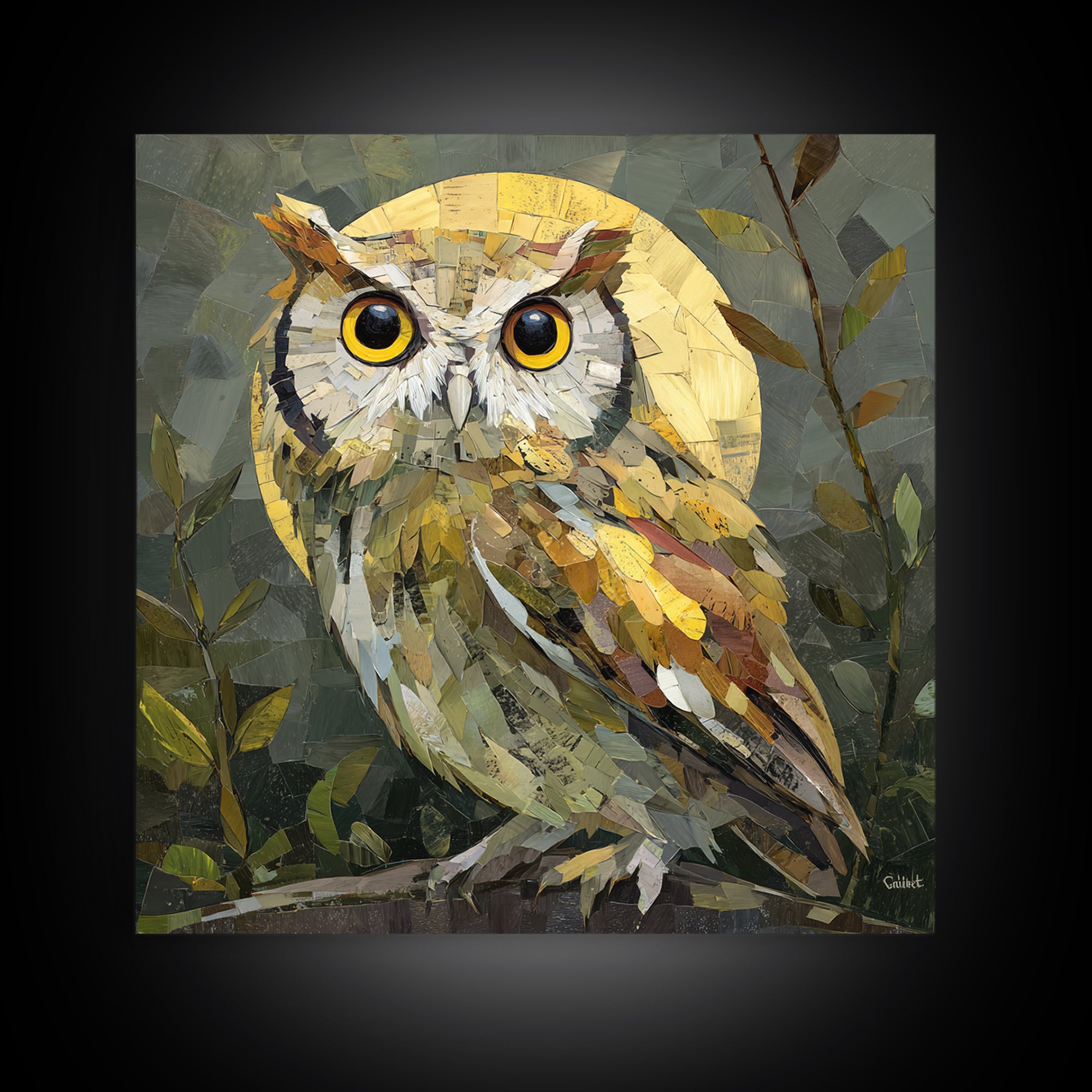 Owl Perched in Moonlit Woodland Framed Canvas Print, Wildlife Art, Nature Wall Art, Living Room Decor, Abstract Art, Wild, WIL-1x1-84