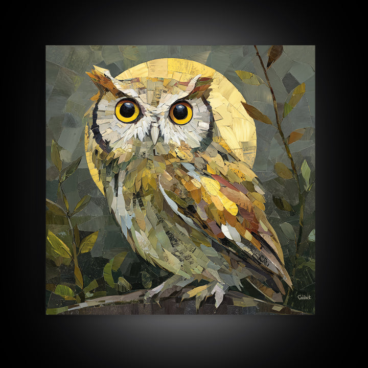 Owl Perched in Moonlit Woodland Framed Canvas Print, Wildlife Art, Nature Wall Art, Living Room Decor, Abstract Art, Wild, WIL-1x1-84