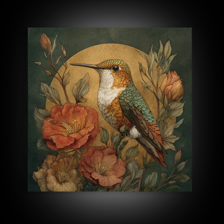 Hummingbird Beside Bright Flowers Framed Canvas Print, Wildlife Art, Textured Painting, Living Room Decor, Oil Painting, Wild, WIL-1x1-88
