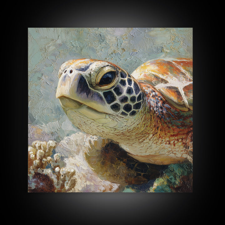 Sea Turtle over Coral Reef Canvas Print, Wildlife Art, Forest Wall Art, Living Room Decor, Fine Art, Wild, Textured Painting, WIL-1x1-90