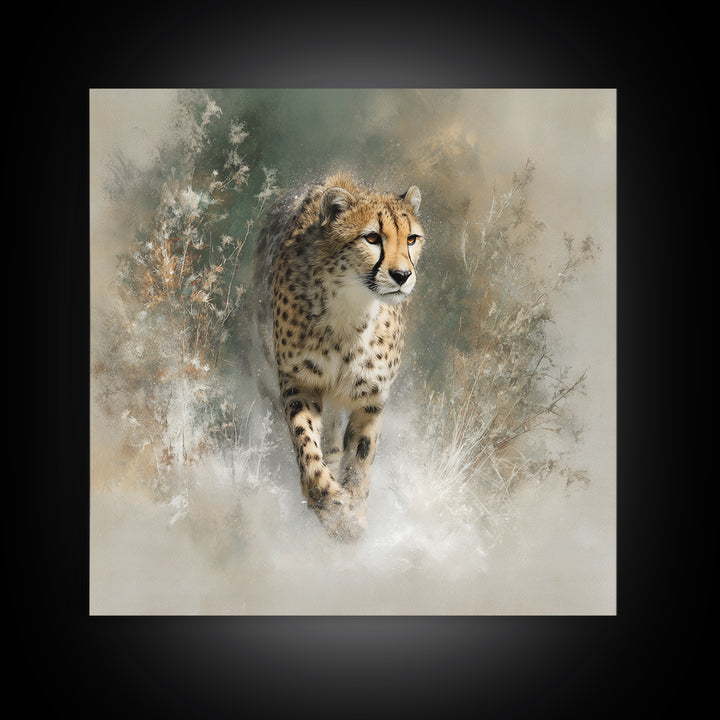 Cheetah Running Through Warm Dust Framed Canvas Print, Wildlife Art, Luxury Decor, Living Room Decor, Oil Painting, Wild, WIL-1x1-93