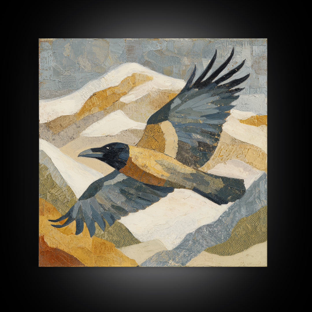 Raven Flying Through Snowy Mountains Framed Canvas Print, Wildlife Art, Painting, Living Room Decor, Watercolor Art, Wild, WIL-1x1-96