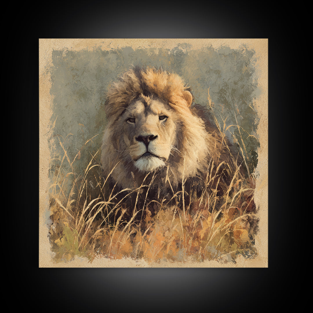 Lion Emerging from Golden Savanna Grass Canvas Print, Wildlife Art, Wall Art, Living Room Decor, Oil Painting, Wild, WIL-1x1-97