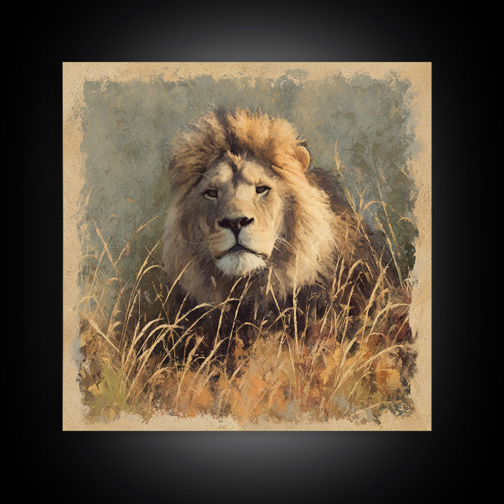 Lion Emerging from Golden Savanna Grass Canvas Print, Wildlife Art, Wall Art, Living Room Decor, Oil Painting, Wild, WIL-1x1-97