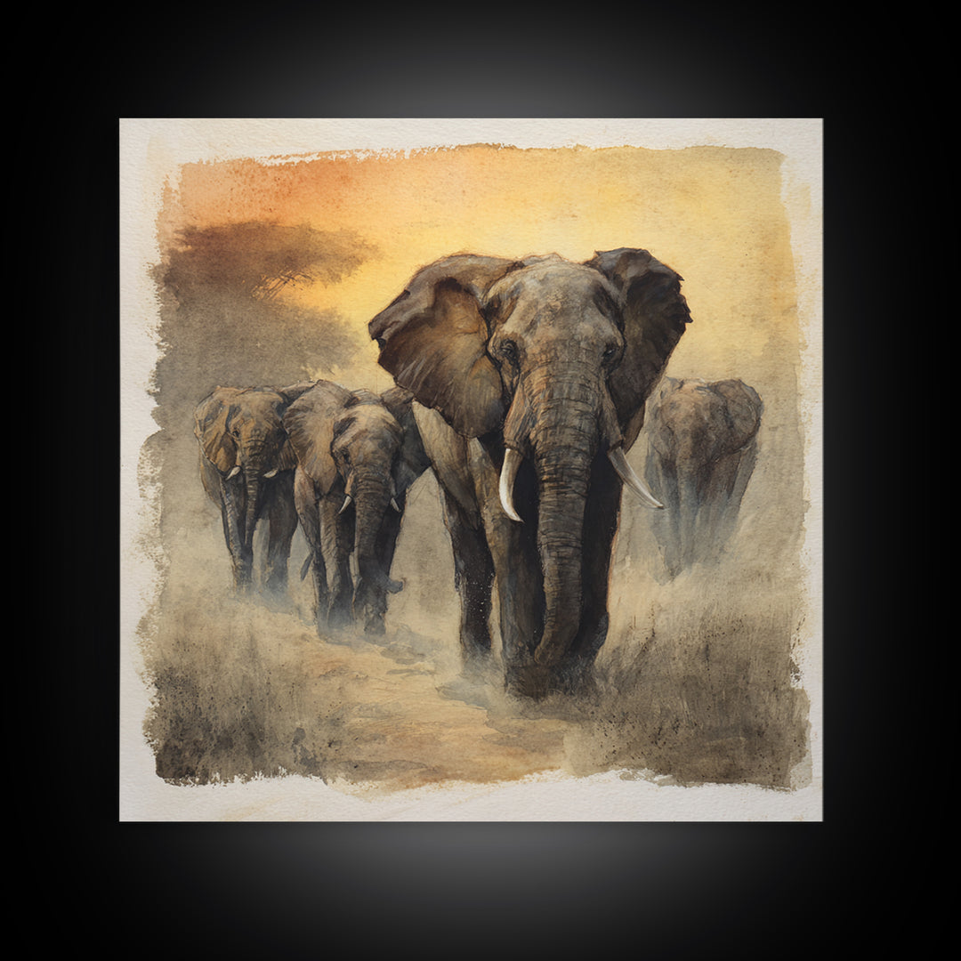 Elephant Herd Walking Through Dusty Sunset Canvas Print, Wildlife Art, Boho Decor, Living Room Decor, Fine Art, Wild, WIL-1x1-98