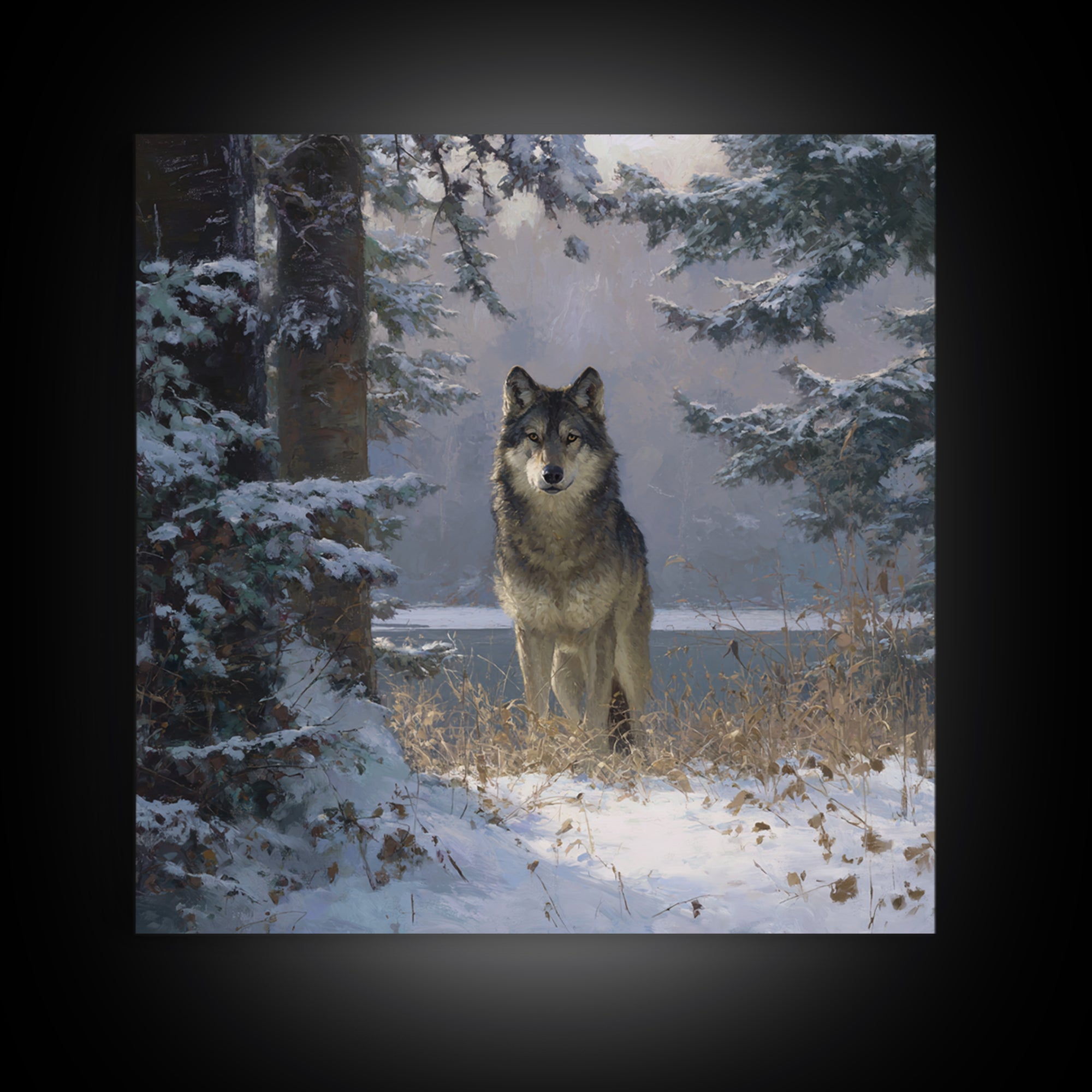 Wolf Standing Beneath Snowy Pine Trees Canvas Print, Wildlife Art, Wall Art, Living Room Decor, Fine Art, Wild, Modern Wall Art, WIL-1x1-99