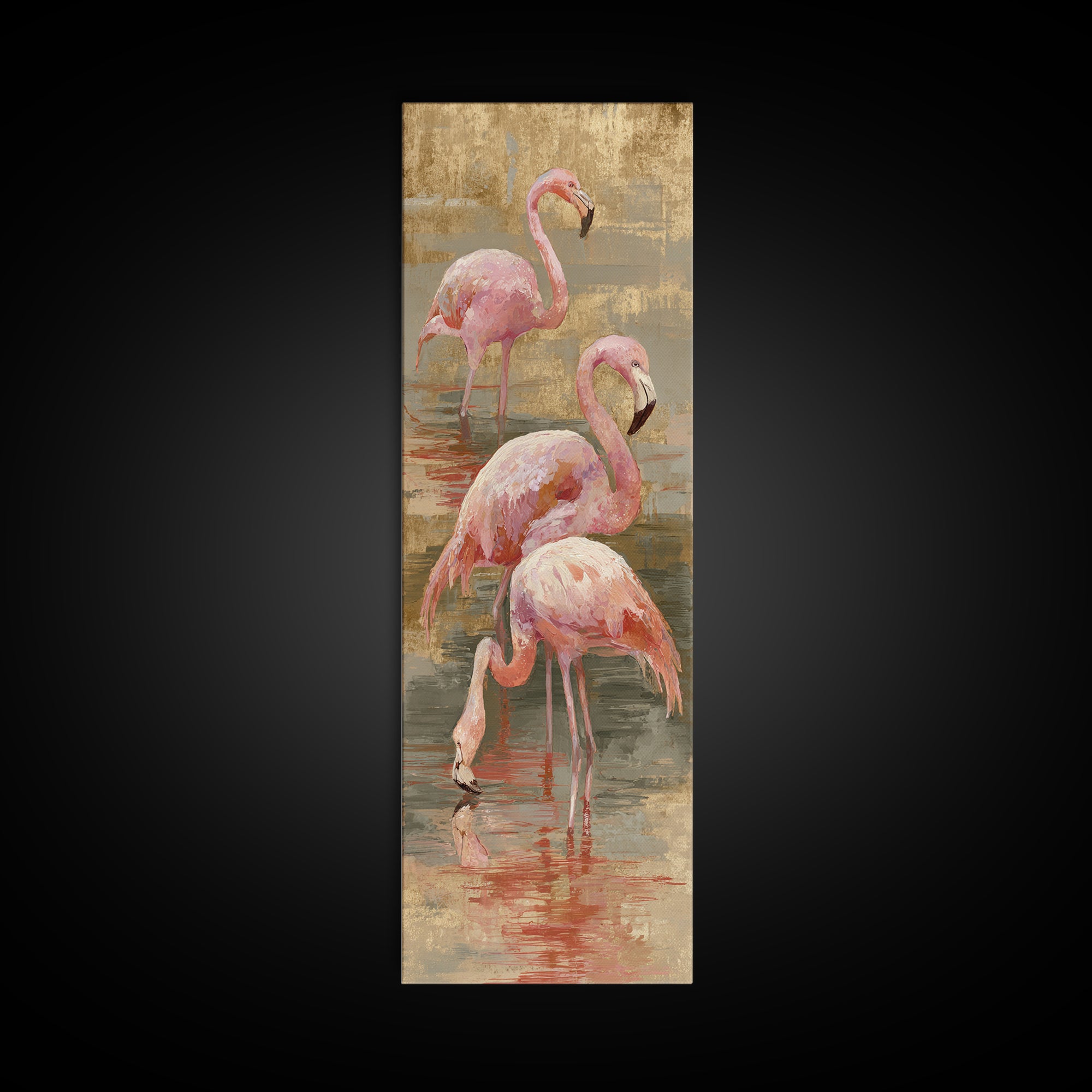 Flamingos in Pink Shallow Water Canvas Print, Wildlife Art, Modern Art, Living Room Decor, Fine Art, Wild, Neutral Decor, WIL-1x3-10