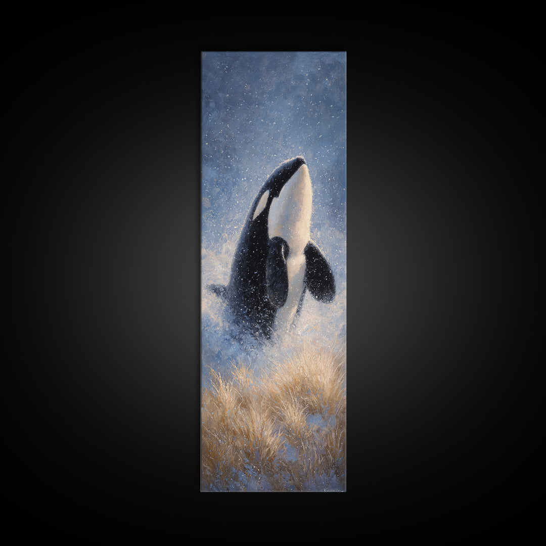 Orca Breaching in Cold Ocean Canvas Print, Wildlife Art, Modern Wall Art, Living Room Decor, Fine Art, Wild, Bird Wall Art, WIL-1x3-11
