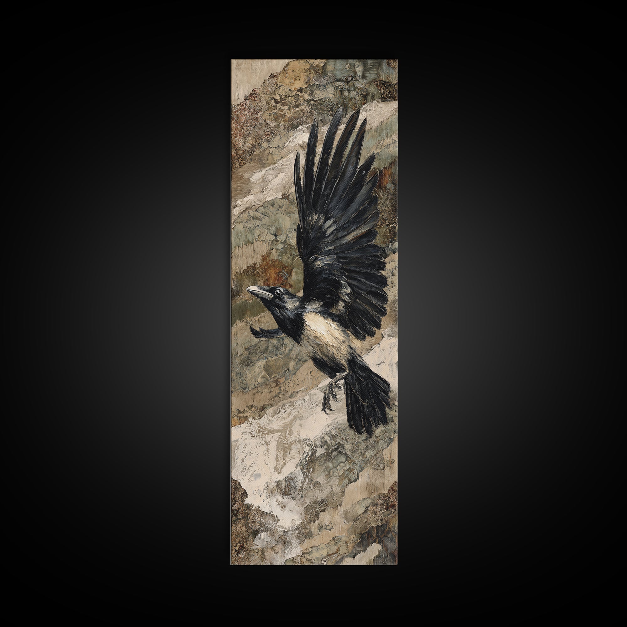 Raven Flying Through Snowy Mountains Canvas Print, Wildlife Art, Boho Decor, Living Room Decor, Fine Art, Wild, Painting, WIL-1x3-12