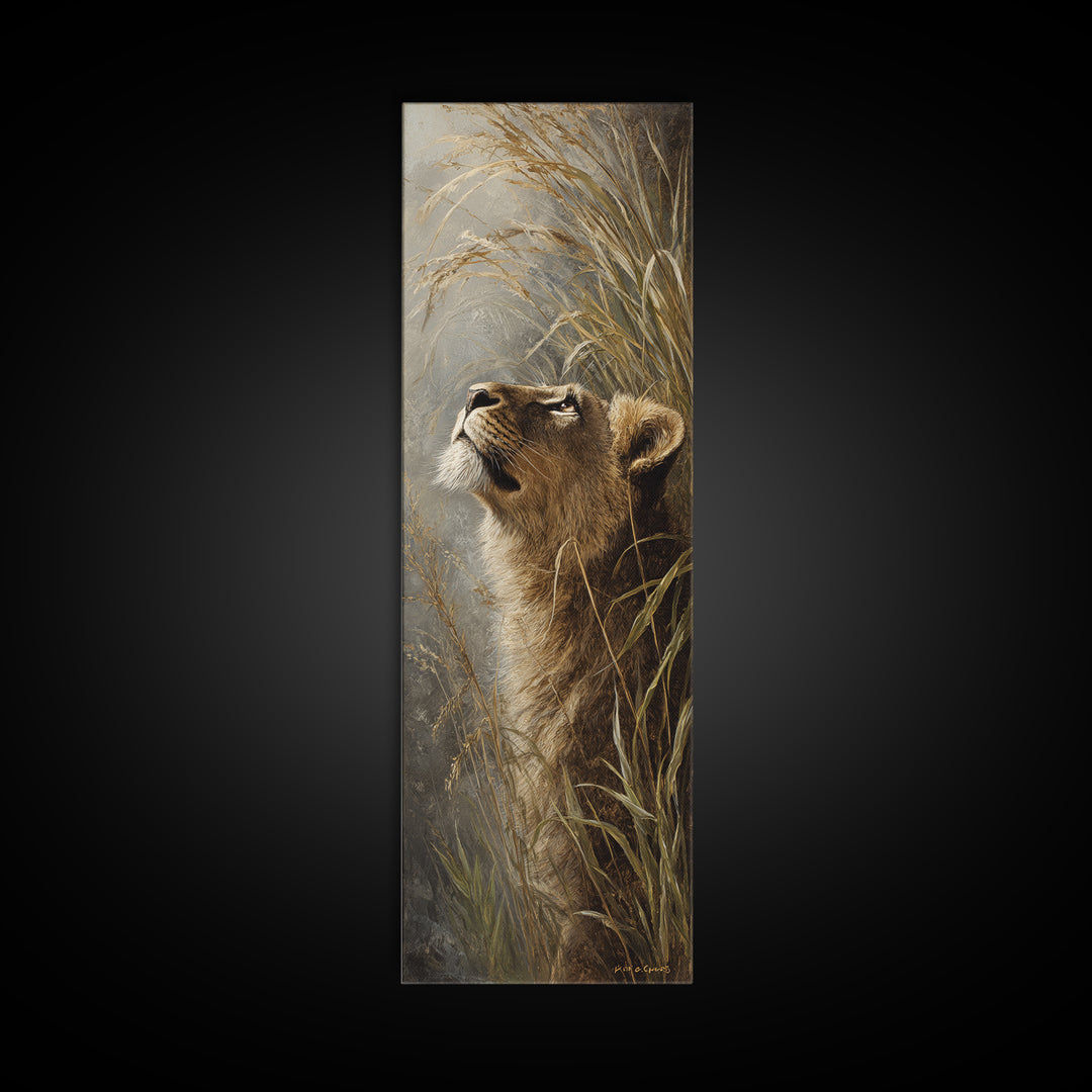 Lion Emerging from Golden Savanna Grass Canvas Print, Wildlife Art, Statement Artwork, Living Room Decor, Fine Art, Wild, WIL-1x3-13