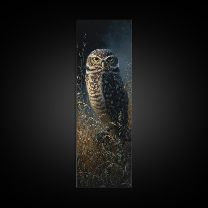 Owl Perched in Moonlit Woodland Framed Canvas Print, Wildlife Art, Art Print, Living Room Decor, Wild, Digital Wall Art, WIL-1x3-24