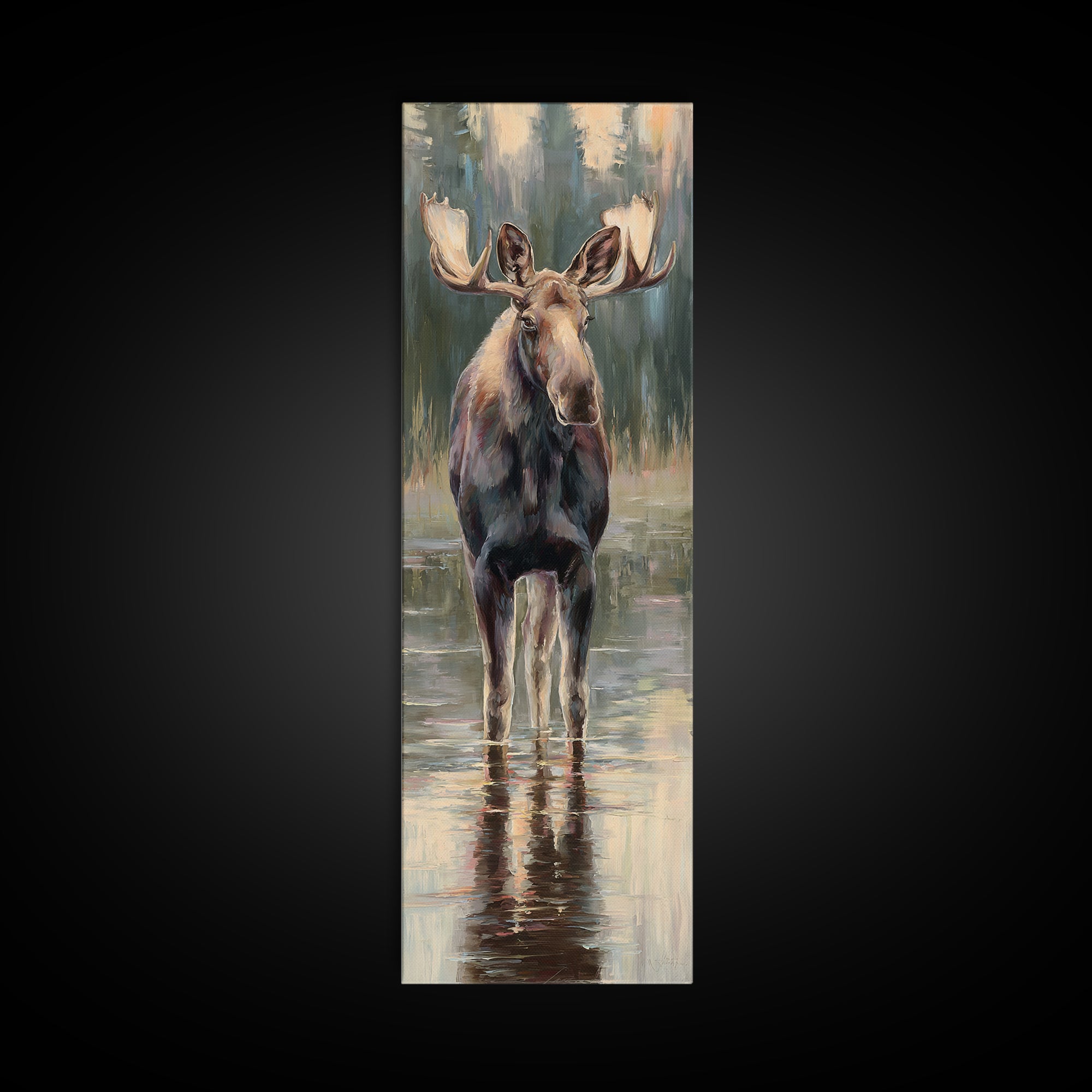 Moose Standing in Reflective Lake Framed Canvas Print, Wildlife Art, Wall Hangings, Living Room Decor, Watercolor Art, Wild, WIL-1x3-31