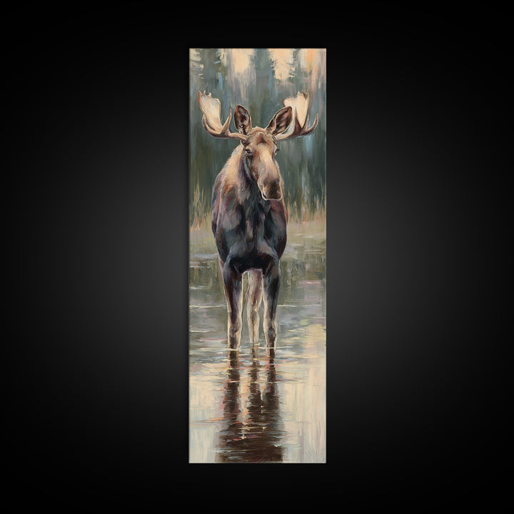 Moose Standing in Reflective Lake Framed Canvas Print, Wildlife Art, Wall Hangings, Living Room Decor, Watercolor Art, Wild, WIL-1x3-31