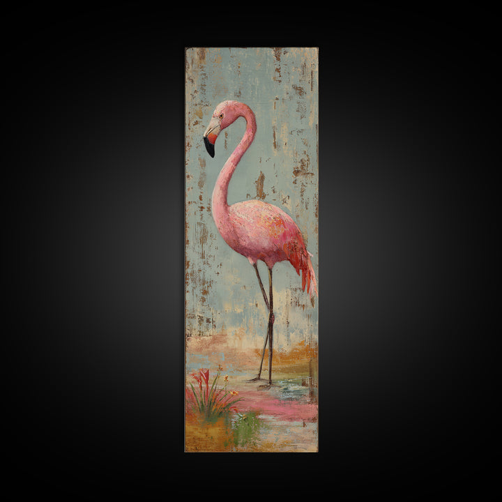Flamingos in Pink Shallow Water Framed Canvas Print, Wildlife Art, Bird Wall Art, Living Room Decor, Watercolor Art, Wild, WIL-1x3-34