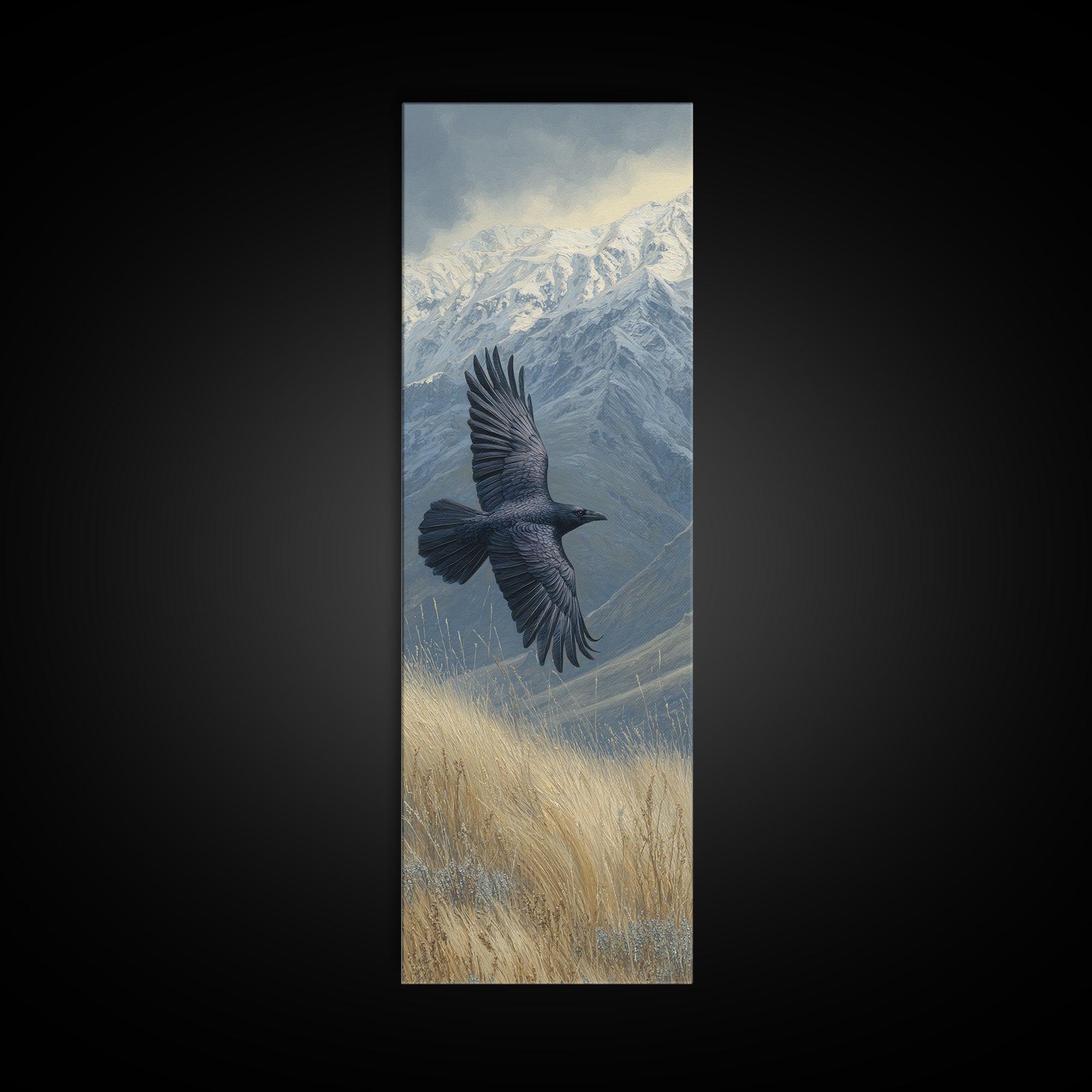 Raven Flying Through Snowy Mountains Framed Canvas Print, Wildlife Art, Living Room Decor, Watercolor Art, Wild, WIL-1x3-36