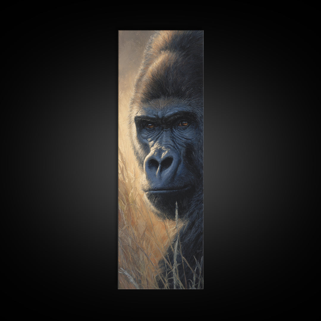 Gorilla Portrait with Powerful Gaze Canvas Print, Wildlife Art, Rustic Home Decor, Living Room Decor, Oil Painting, Wild, WIL-1x3-5