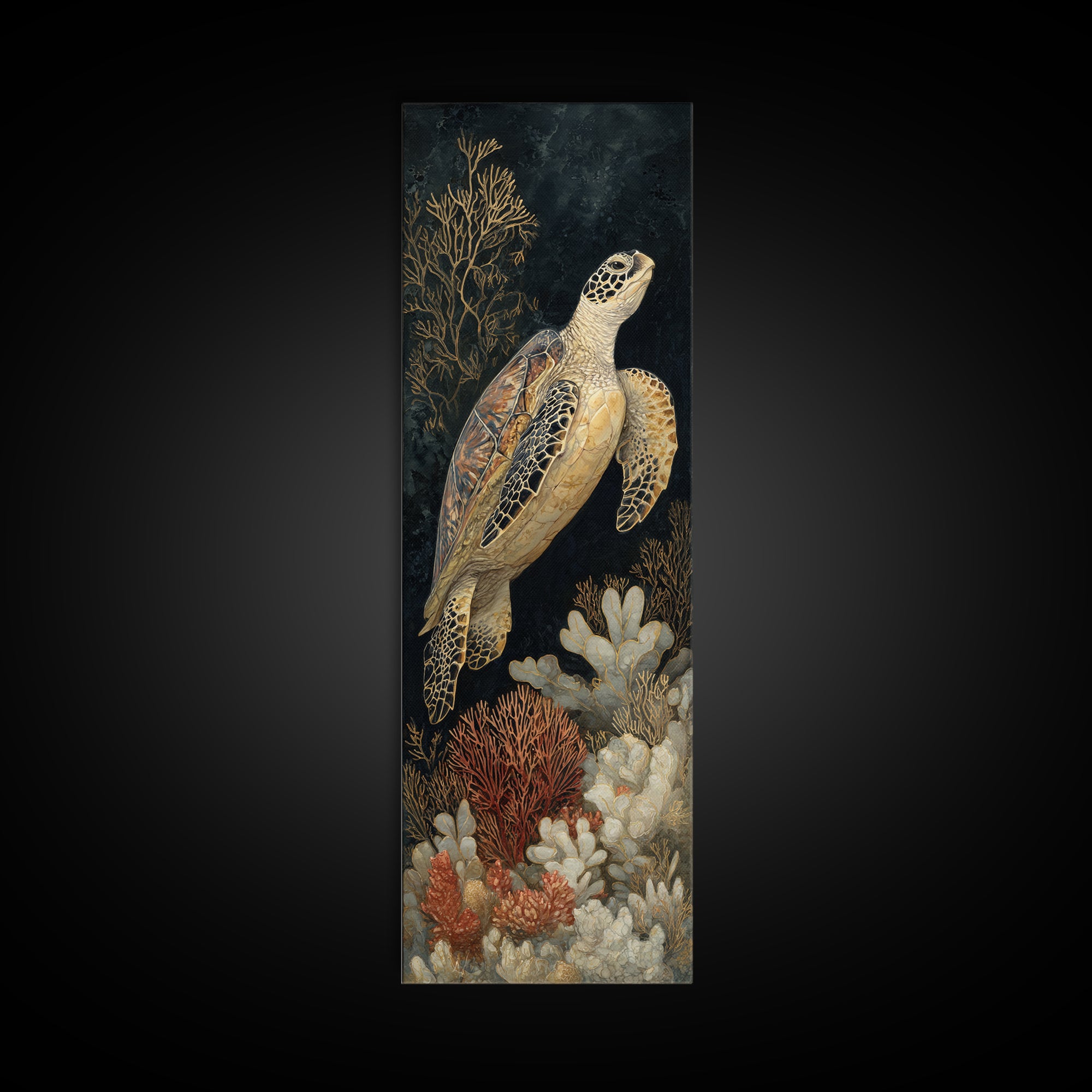 Sea Turtle over Coral Reef Framed Canvas Print, Wildlife Art, Canvas Painting, Living Room Decor, Oil Painting, Wild, WIL-1x3-54
