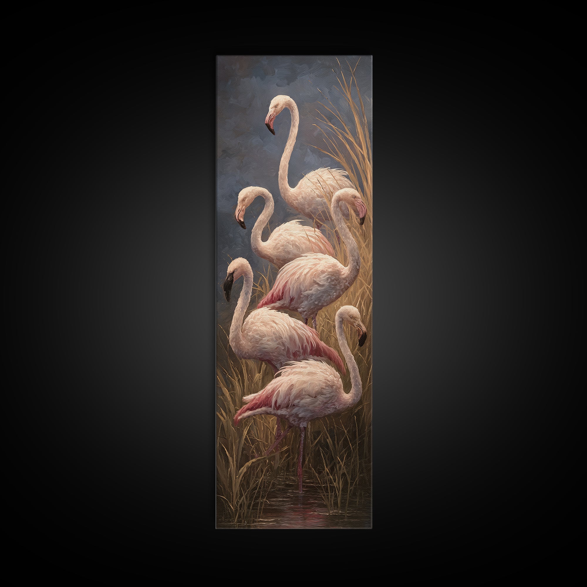 Flamingos in Pink Shallow Water Framed Canvas Print, Wildlife Art, Bird Wall Art, Living Room Decor, Watercolor Art, Wild, WIL-1x3-58