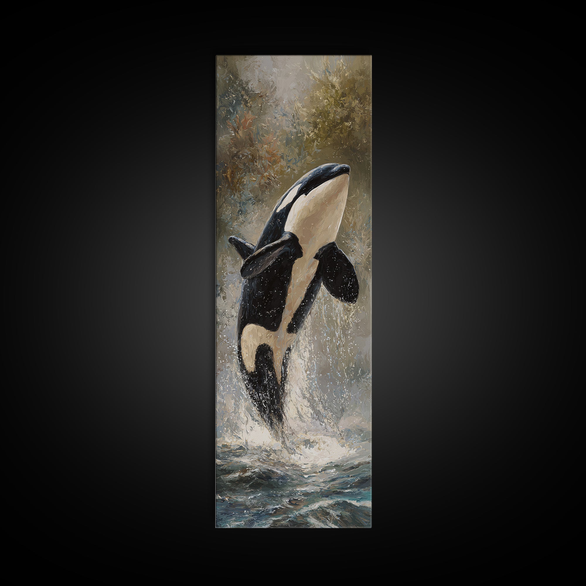 Orca Breaching in Cold Ocean Canvas Print, Wildlife Art, Wall Art Print, Living Room Decor, Oil Painting, Wild, Canvas Painting, WIL-1x3-59