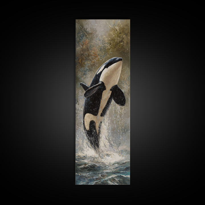 Orca Breaching in Cold Ocean Canvas Print, Wildlife Art, Wall Art Print, Living Room Decor, Oil Painting, Wild, Canvas Painting, WIL-1x3-59