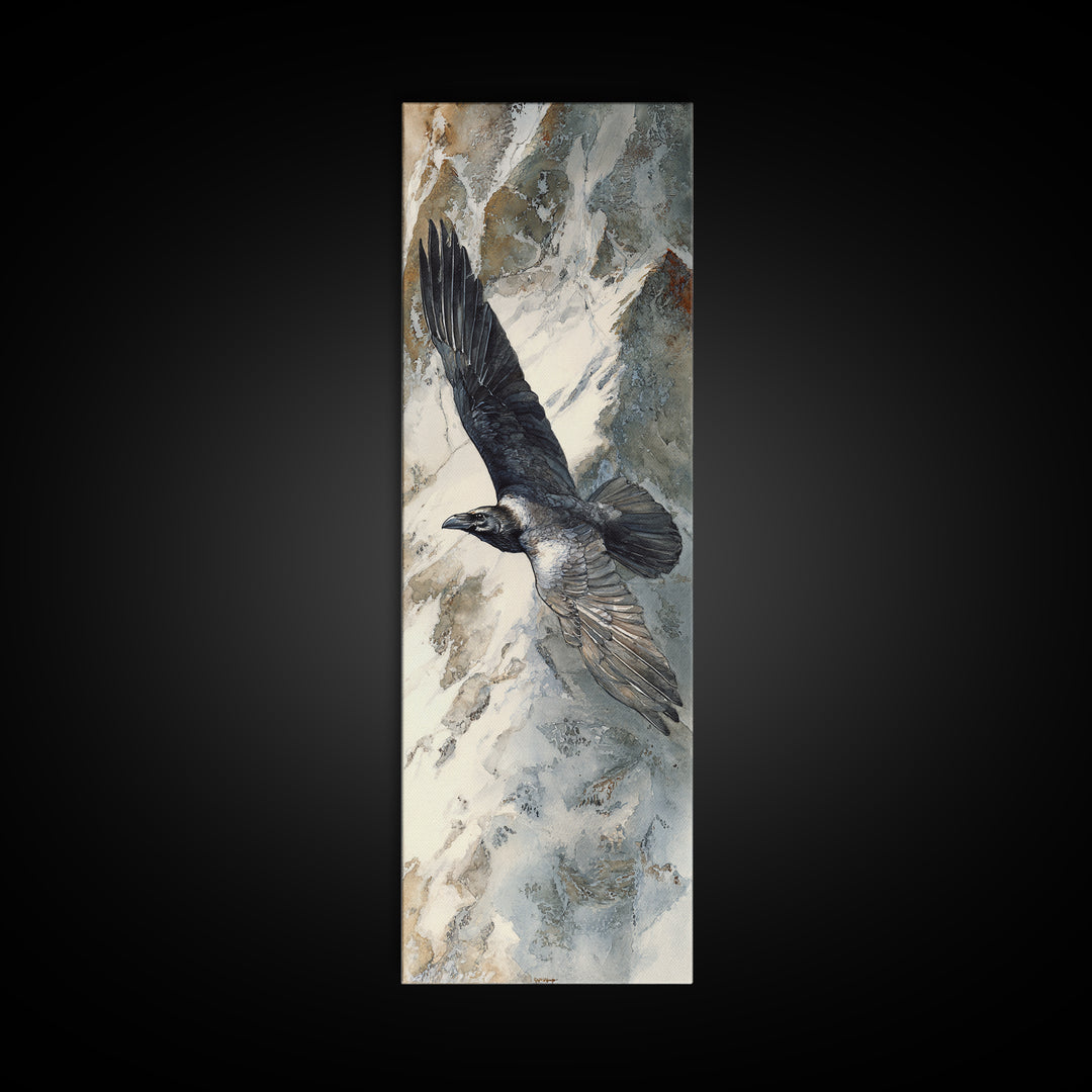 Raven Flying Through Snowy Mountains Canvas Print, Wildlife Art, Wall Decor, Living Room Decor, Wild, Living Room Wall Art, WIL-1x3-60