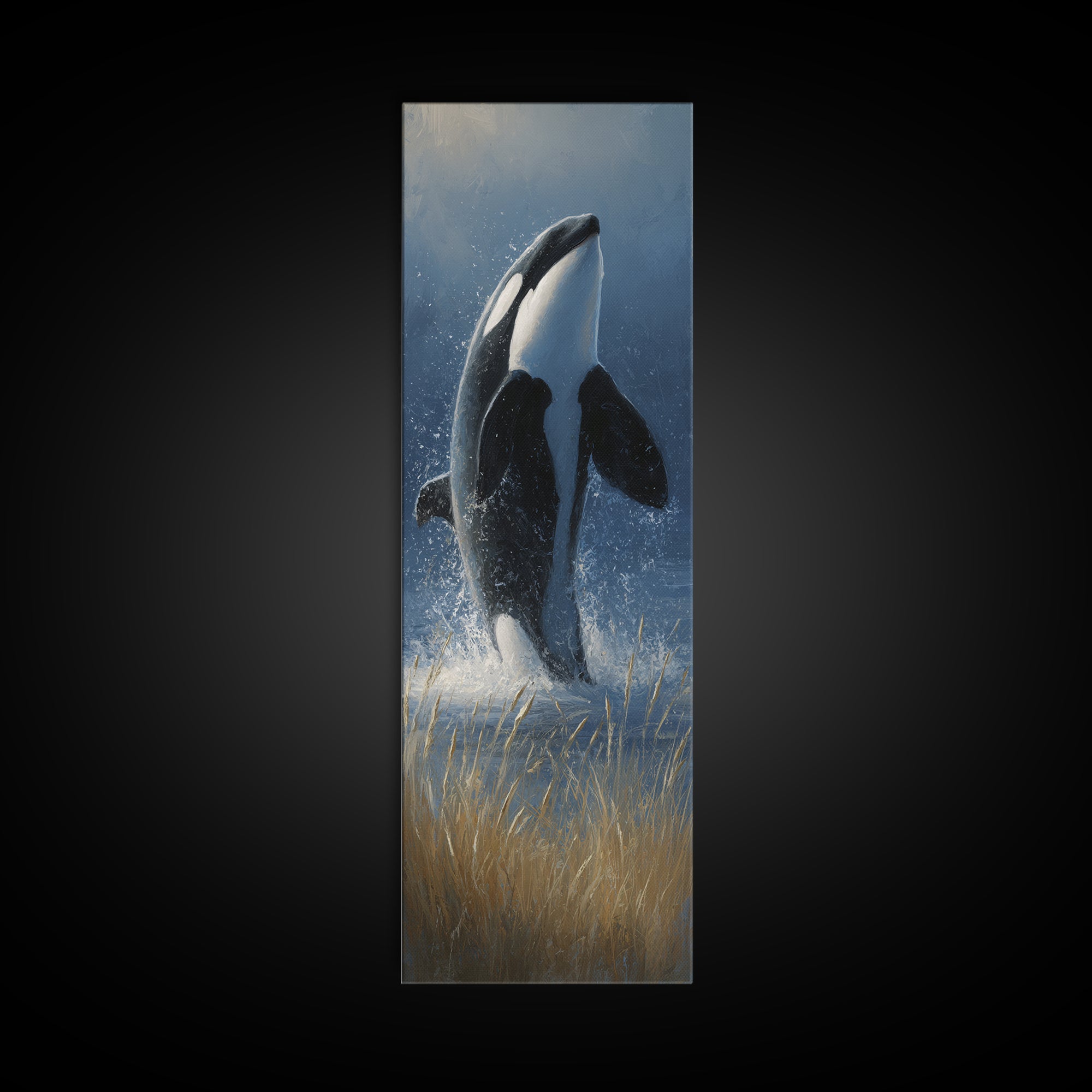 Orca Breaching in Cold Ocean Framed Canvas Print, Wildlife Art, Bird Art, Living Room Decor, Fine Art, Wild, Original Artwork, WIL-1x3-83
