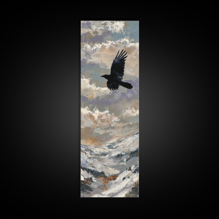 Raven Flying Through Snowy Mountains Framed Canvas Print, Wildlife Art, Original Art, Living Room Decor, Oil Painting, Wild, WIL-1x3-84