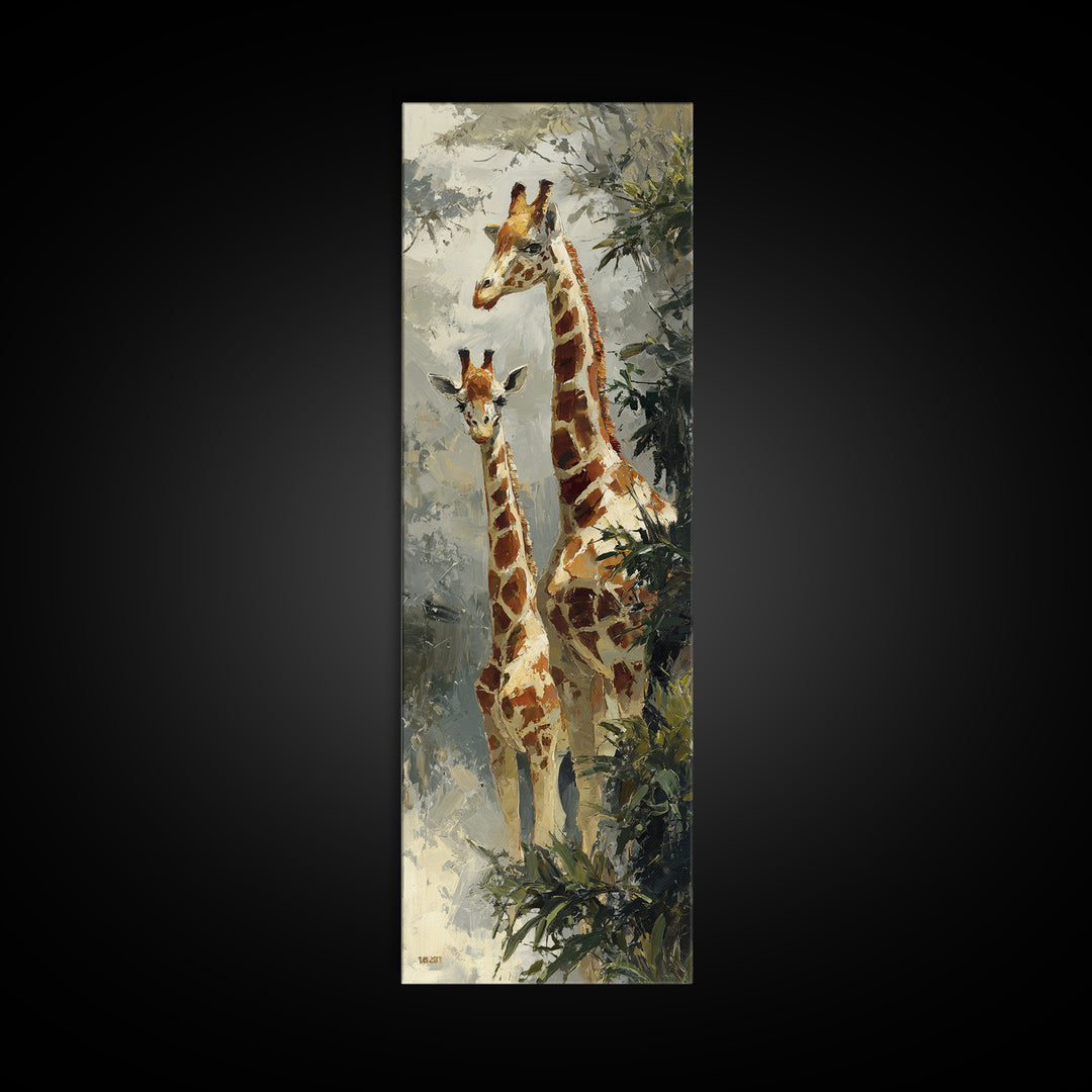 Giraffe Pair under Acacia Tree Framed Canvas Print, Wildlife Art, Bird Wall Art, Living Room Decor, Oil Painting, Wild, WIL-1x3-91