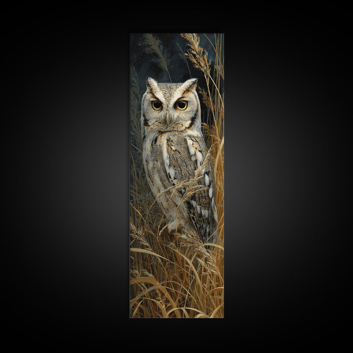 Owl Perched in Moonlit Woodland Framed Canvas Print, Wildlife Art, Bird Art, Living Room Decor, Abstract Art, Wild, WIL-1x3-96