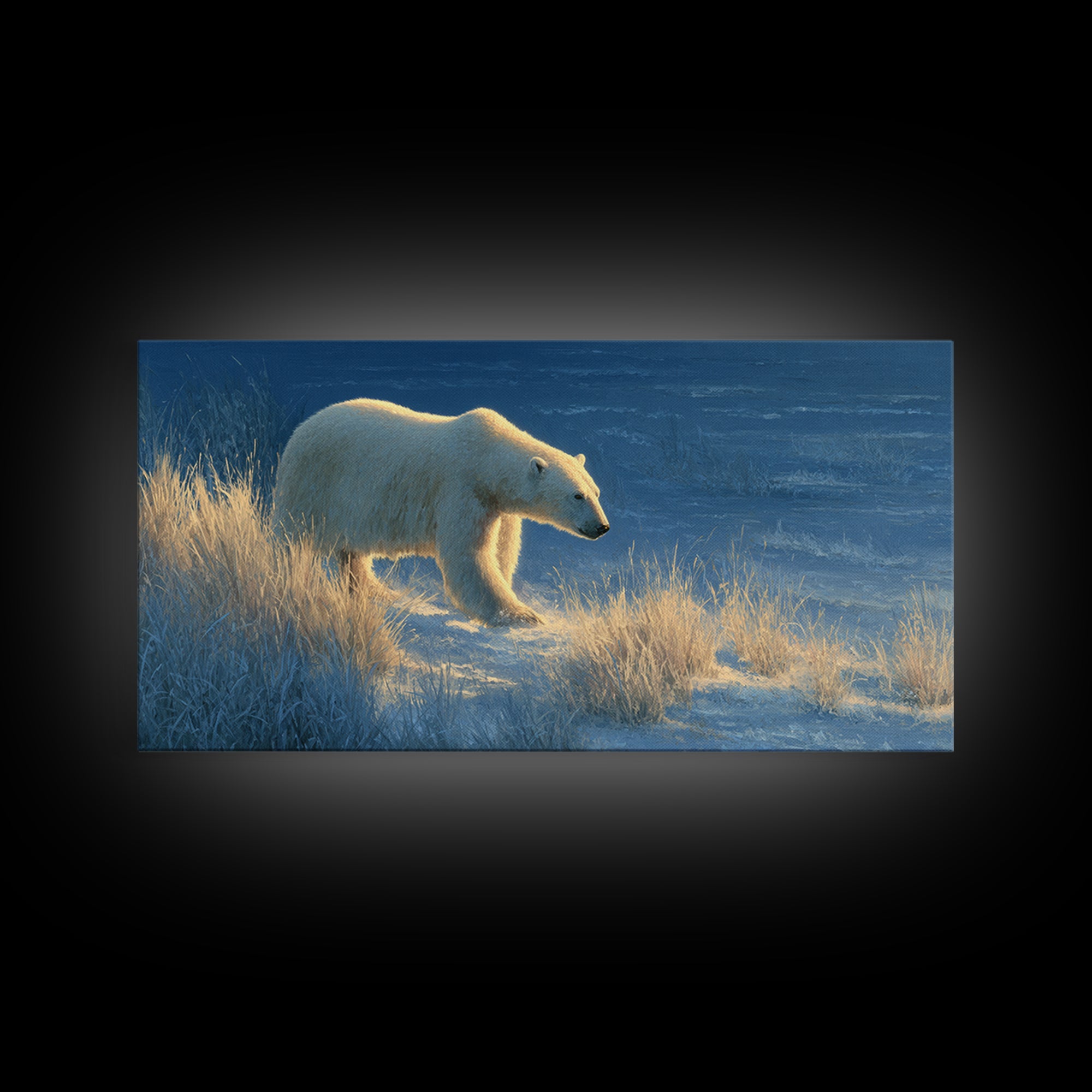 Polar Bear Crossing Blue Ice Framed Canvas Print, Wildlife Art, Bedroom Wall Art, Living Room Decor, Wild, Gallery Decor, WIL-2x1-11