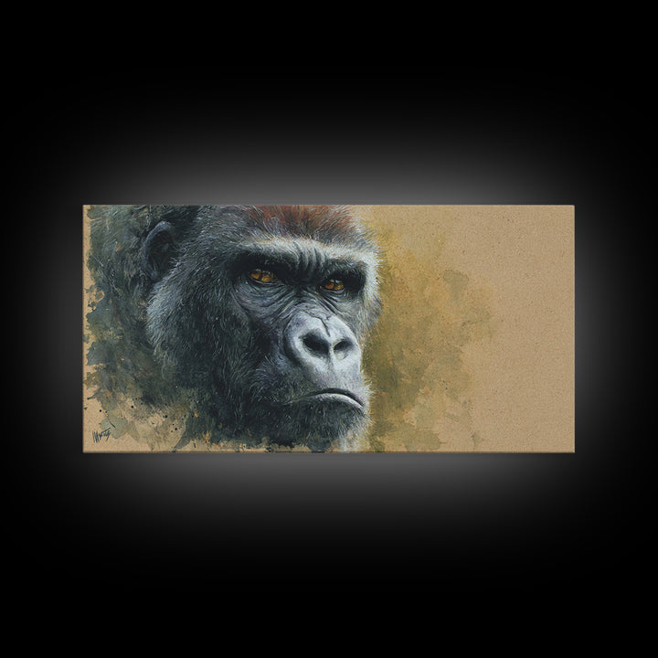 Gorilla Portrait with Powerful Gaze Framed Canvas Print, Wildlife Art, Minimalist Decor, Living Room Decor, Oil Painting, Wild, WIL-2x1-13