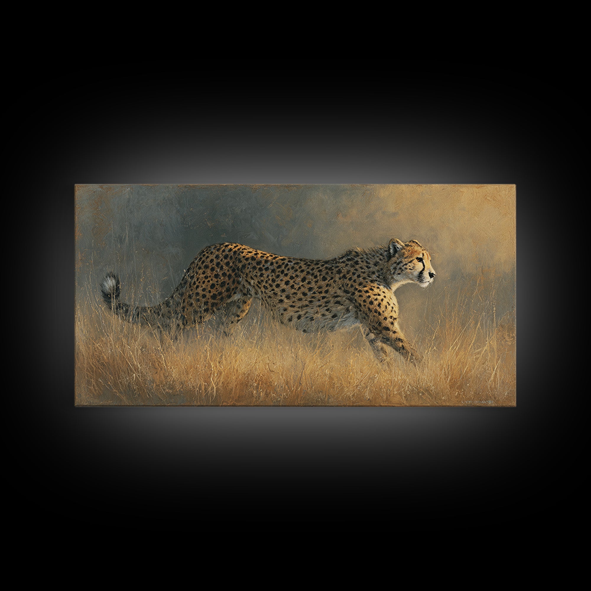 Cheetah Running Through Warm Dust Canvas Print, Wildlife Art, Contemporary Art, Living Room Decor, Wild, Wall Art Print, WIL-2x1-17