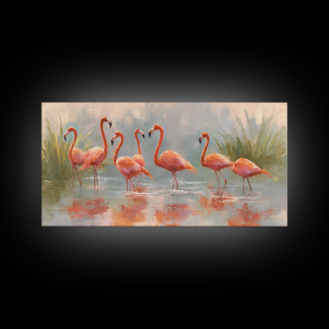 Flamingos in Pink Shallow Water Framed Canvas Print, Wildlife Art, Statement Artwork, Living Room Decor, Fine Art, Wild, WIL-2x1-18