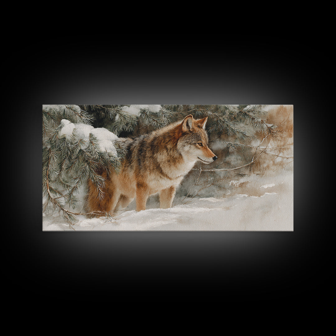 Wolf Standing Beneath Snowy Pine Trees Framed Canvas Print, Wildlife Art, Oil Painting, Living Room Decor, Watercolor Art, Wild, WIL-2x1-23