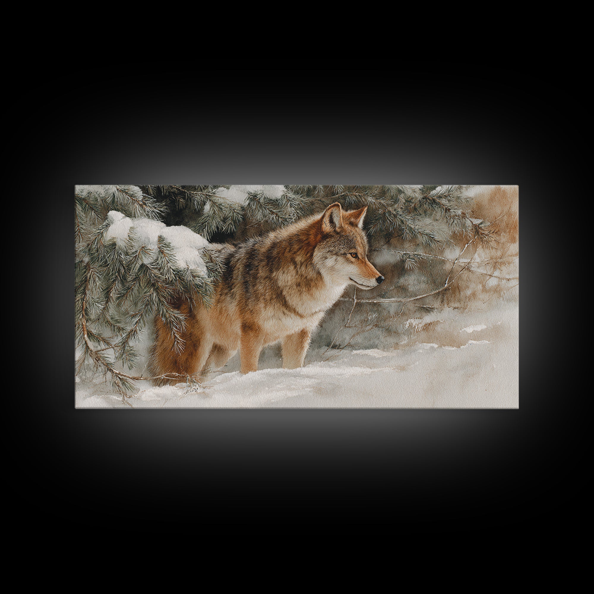 Wolf Standing Beneath Snowy Pine Trees Framed Canvas Print, Wildlife Art, Oil Painting, Living Room Decor, Watercolor Art, Wild, WIL-2x1-23