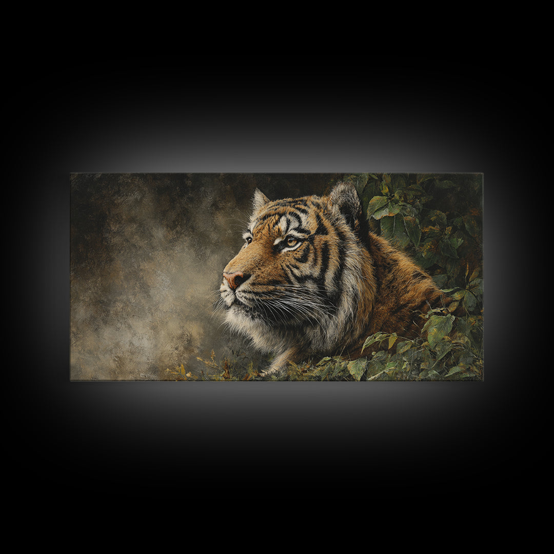 Tiger Portrait with Jungle Shadows Framed Canvas Print, Wildlife Art, Home Decor, Living Room Decor, Wild, Boho Wall Decor, WIL-2x1-25