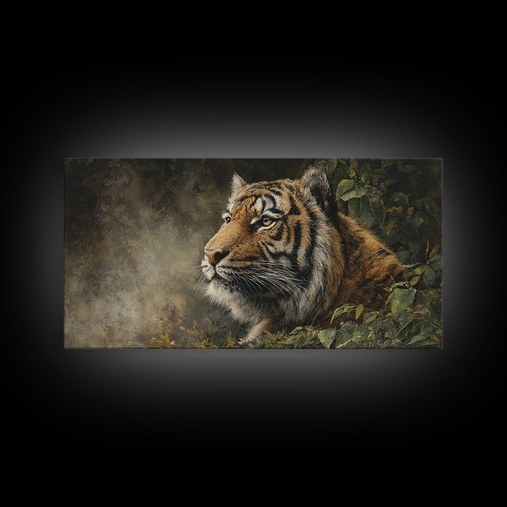 Tiger Portrait with Jungle Shadows Framed Canvas Print, Wildlife Art, Home Decor, Living Room Decor, Wild, Boho Wall Decor, WIL-2x1-25