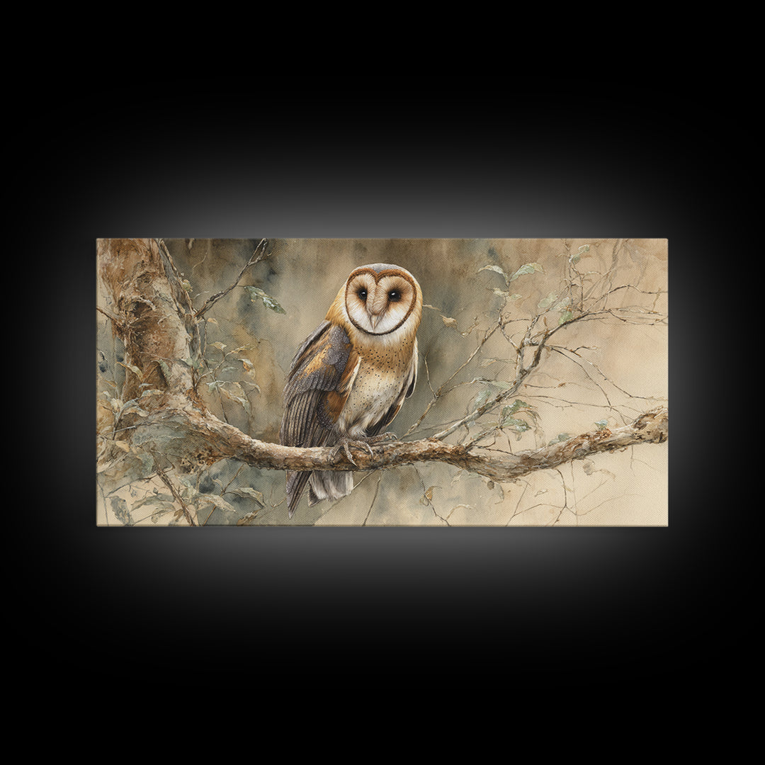Owl Perched in Moonlit Woodland Canvas Print, Wildlife Art, Living Room Decor, Oil Painting, Wild, Wall Art Print, WIL-2x1-32