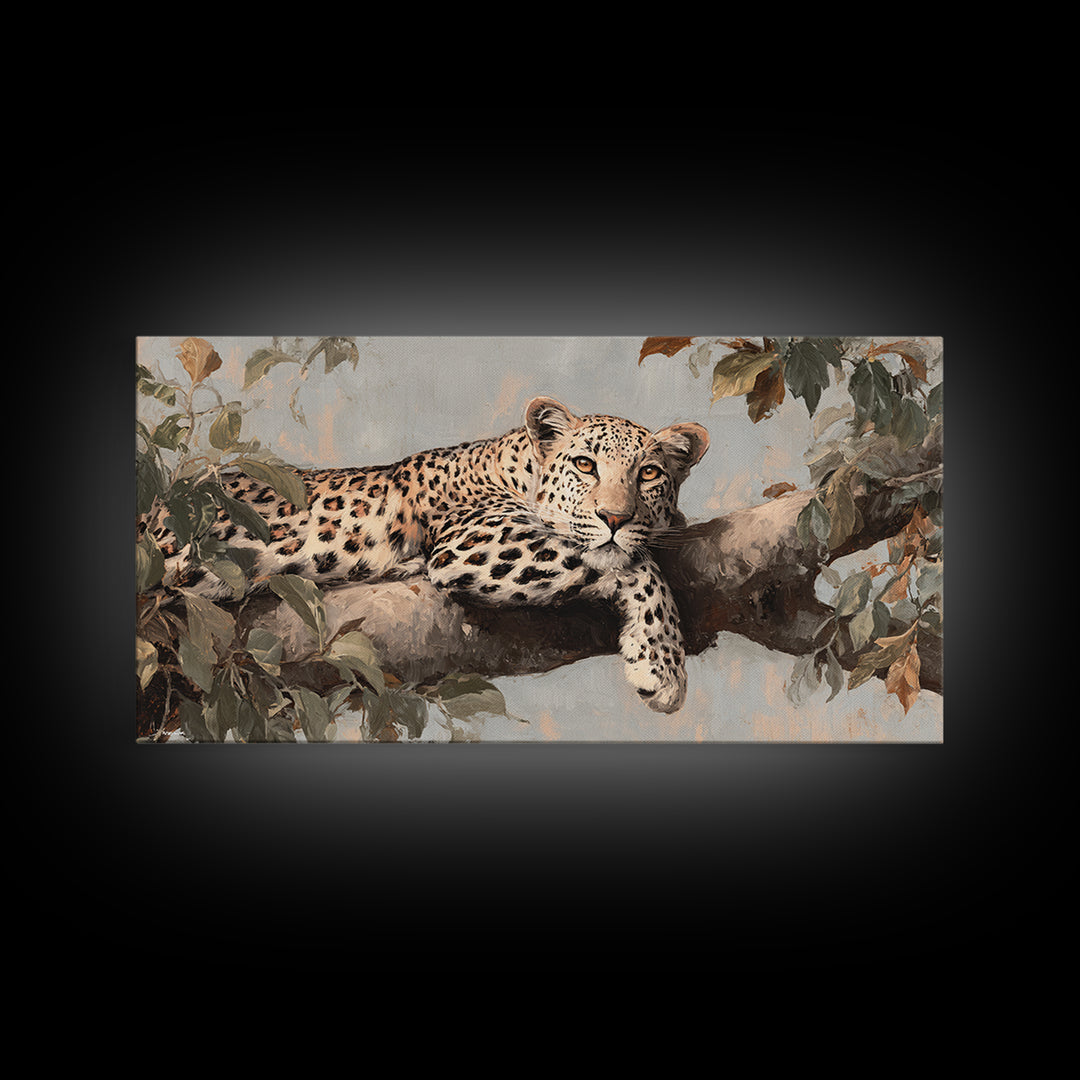 Leopard Resting on Tree Branch Framed Canvas Print, Wildlife Art, Art Print, Living Room Decor, Watercolor Art, Wild, WIL-2x1-34