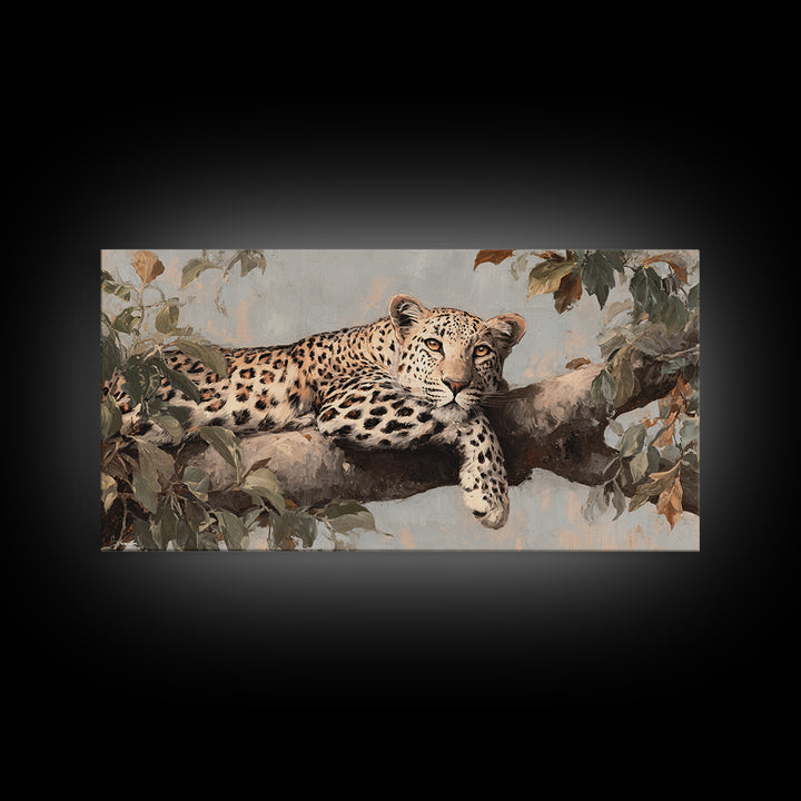Leopard Resting on Tree Branch Framed Canvas Print, Wildlife Art, Art Print, Living Room Decor, Watercolor Art, Wild, WIL-2x1-34