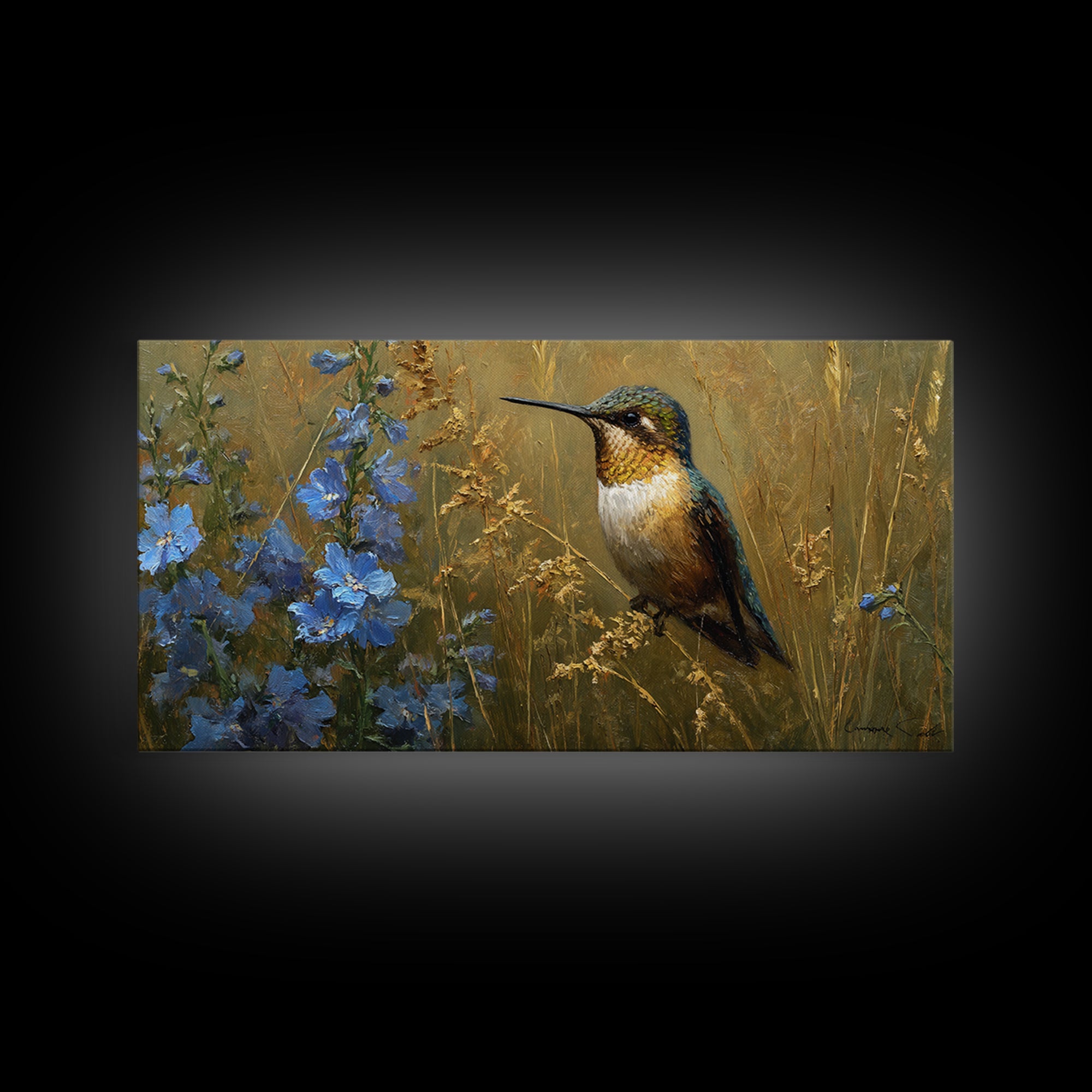 Hummingbird Beside Bright Flowers Canvas Print, Wildlife Art, Wall Art, Living Room Decor, Fine Art, Wild, Modern Wall Art, WIL-2x1-36