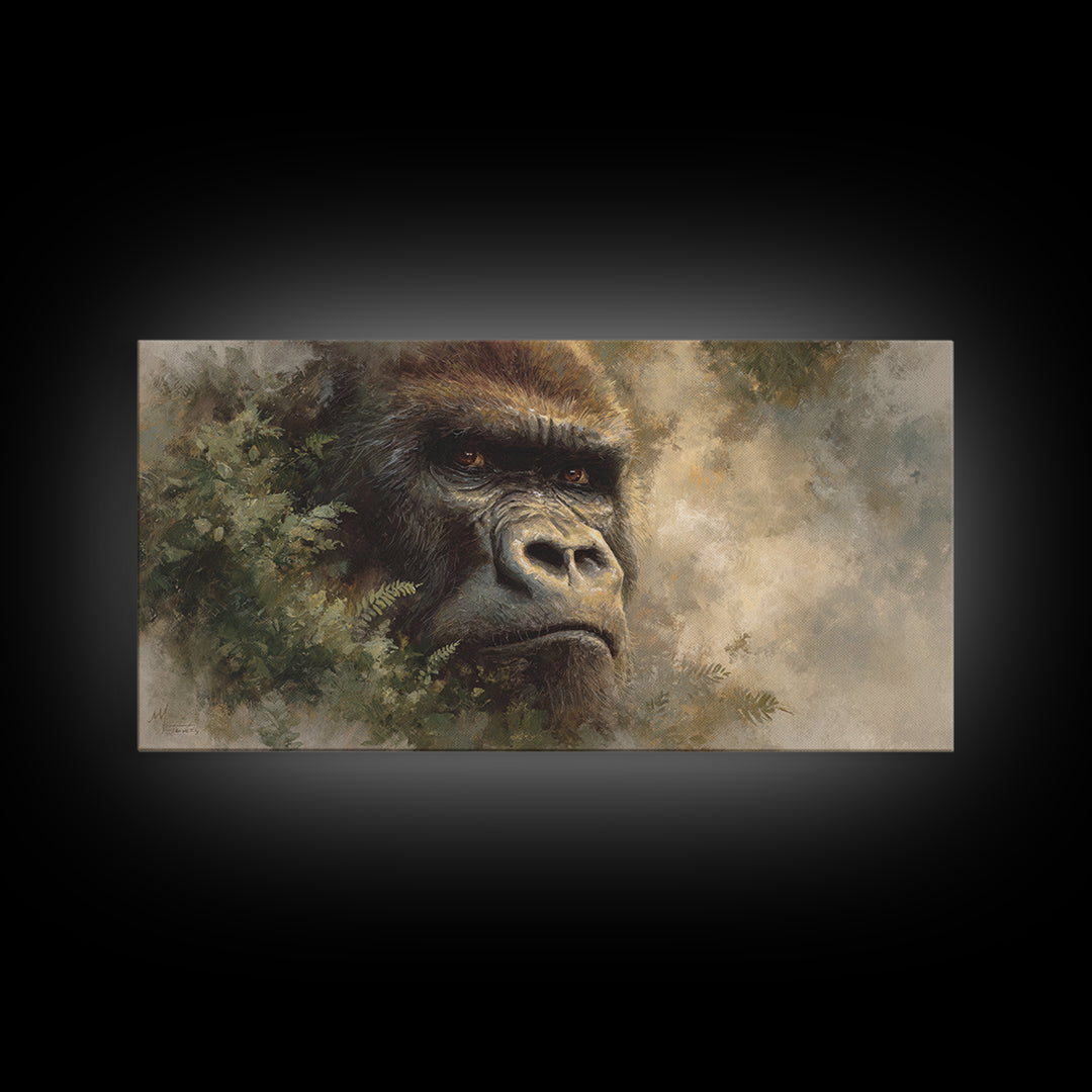Gorilla Portrait with Powerful Gaze Framed Canvas Print, Wildlife Art, Minimalist Decor, Living Room Decor, Oil Painting, Wild, WIL-2x1-37