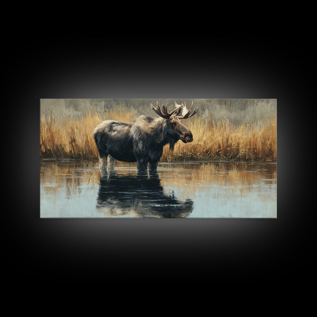 Moose Standing in Reflective Lake Canvas Print, Wildlife Art, Painting, Living Room Decor, Fine Art, Wild, Living Room Wall Art, WIL-2x1-39