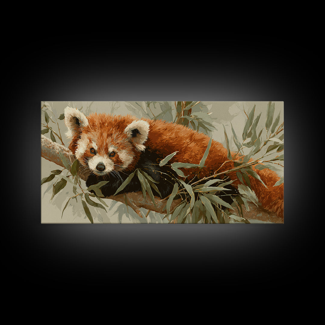 Red Panda Among Bamboo Leaves Framed Canvas Print, Wildlife Art, Home Decor, Living Room Decor, Fine Art, Wild, Boho Wall Decor, WIL-2x1-40
