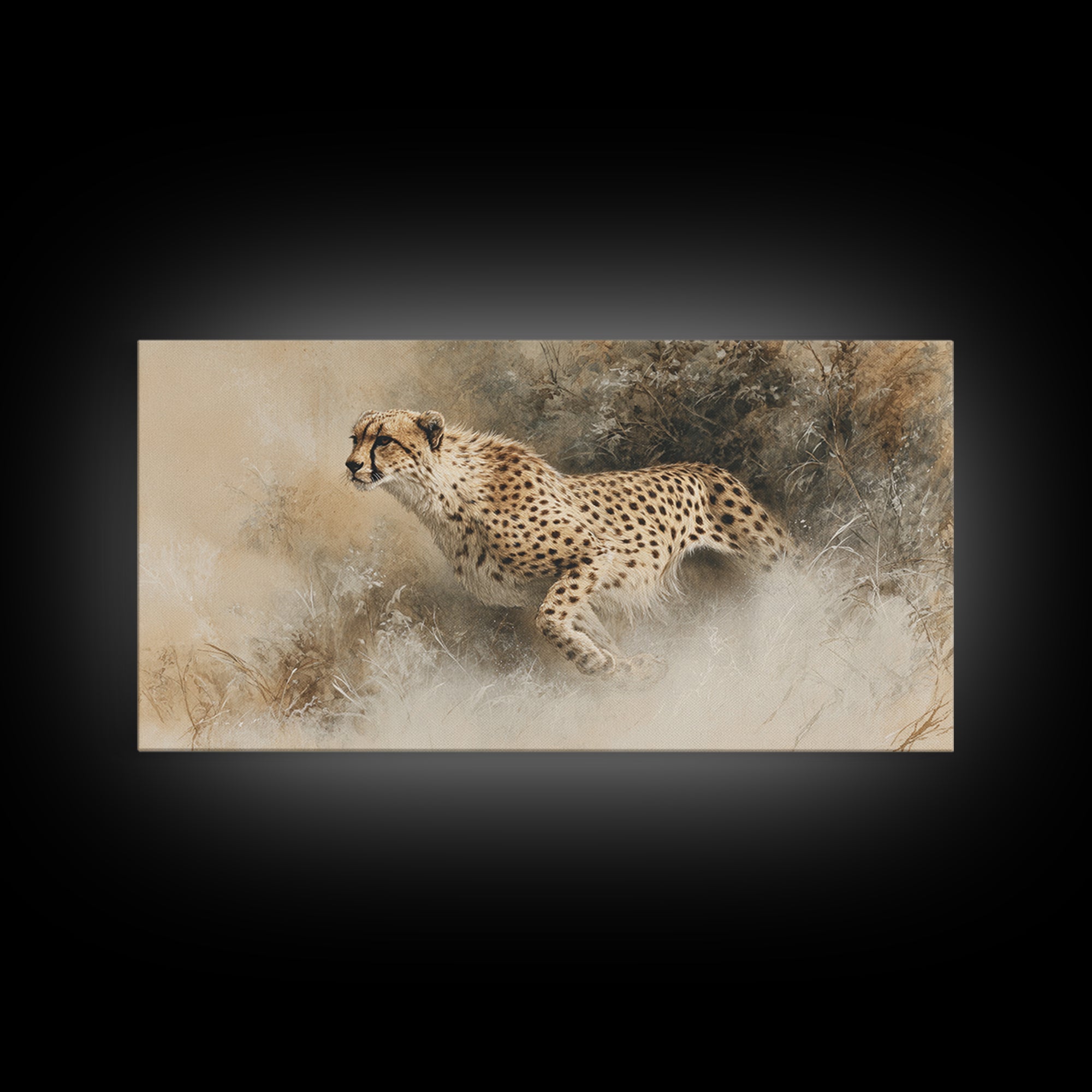 Cheetah Running Through Warm Dust Canvas Print, Wildlife Art, Contemporary Art, Living Room Decor, Wild, Wall Art Print, WIL-2x1-41