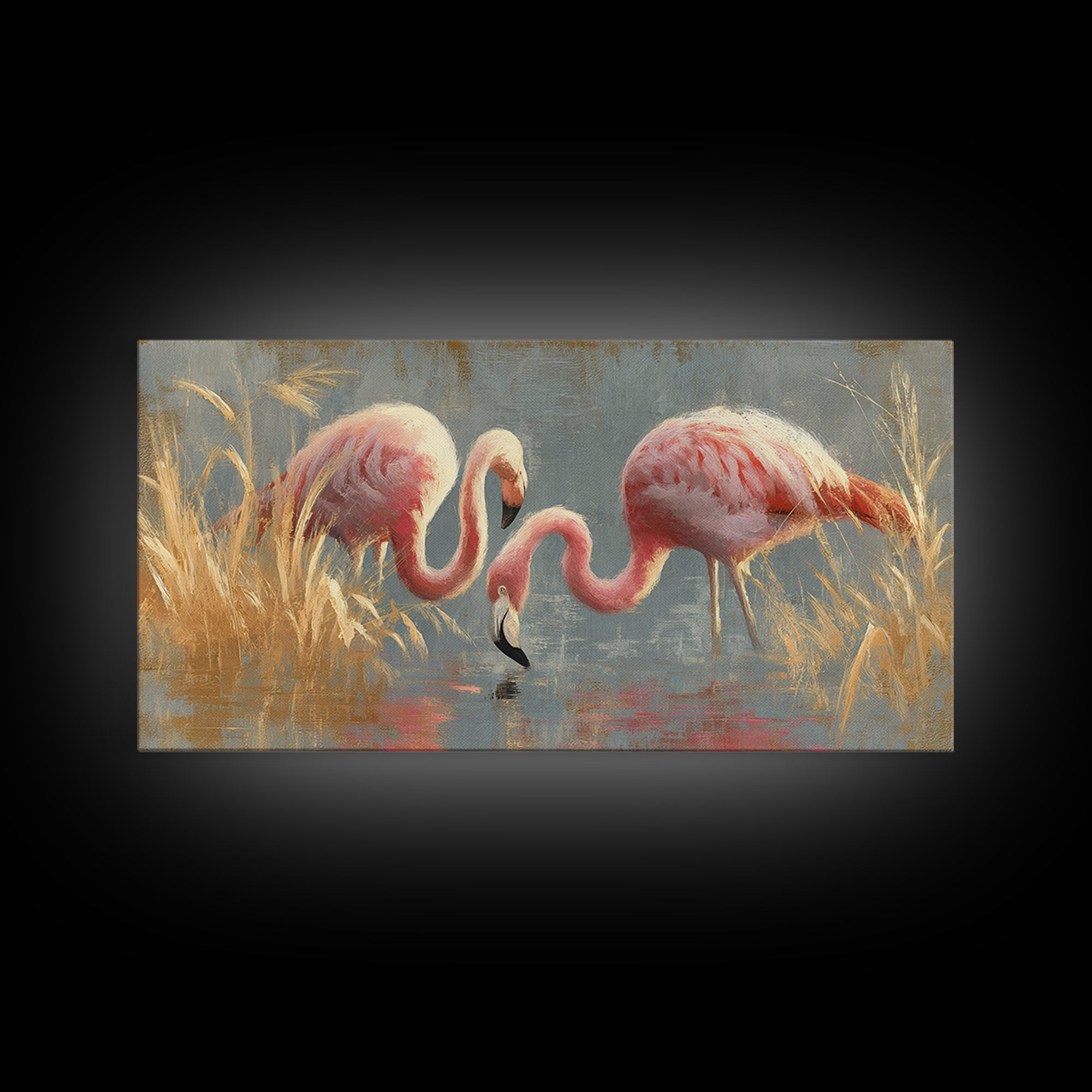 Flamingos in Pink Shallow Water Framed Canvas Print, Wildlife Art, Statement Artwork, Living Room Decor, Fine Art, Wild, WIL-2x1-42