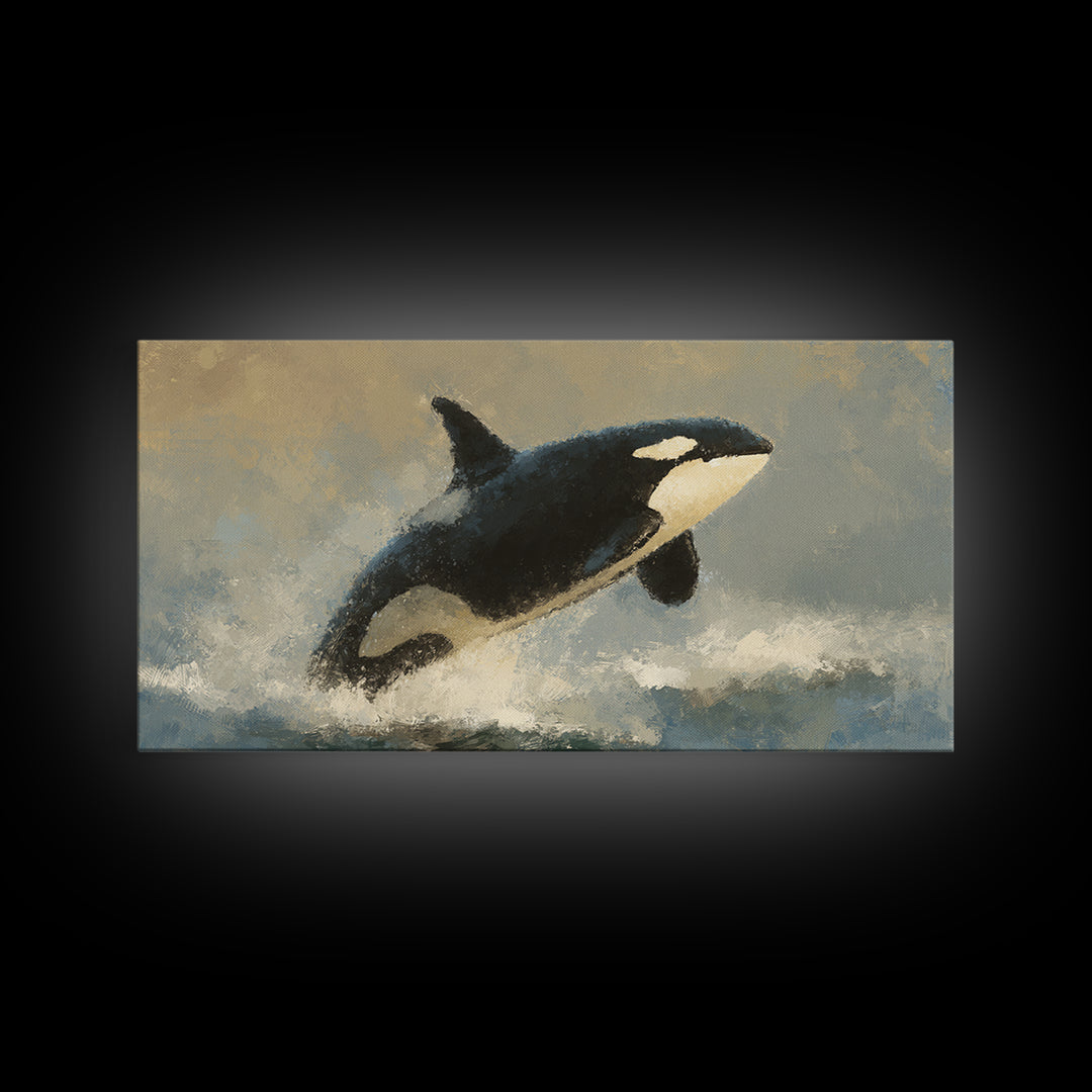 Orca Breaching in Cold Ocean Framed Canvas Print, Wildlife Art, Wall Hangings, Living Room Decor, Oil Painting, Wild, WIL-2x1-43