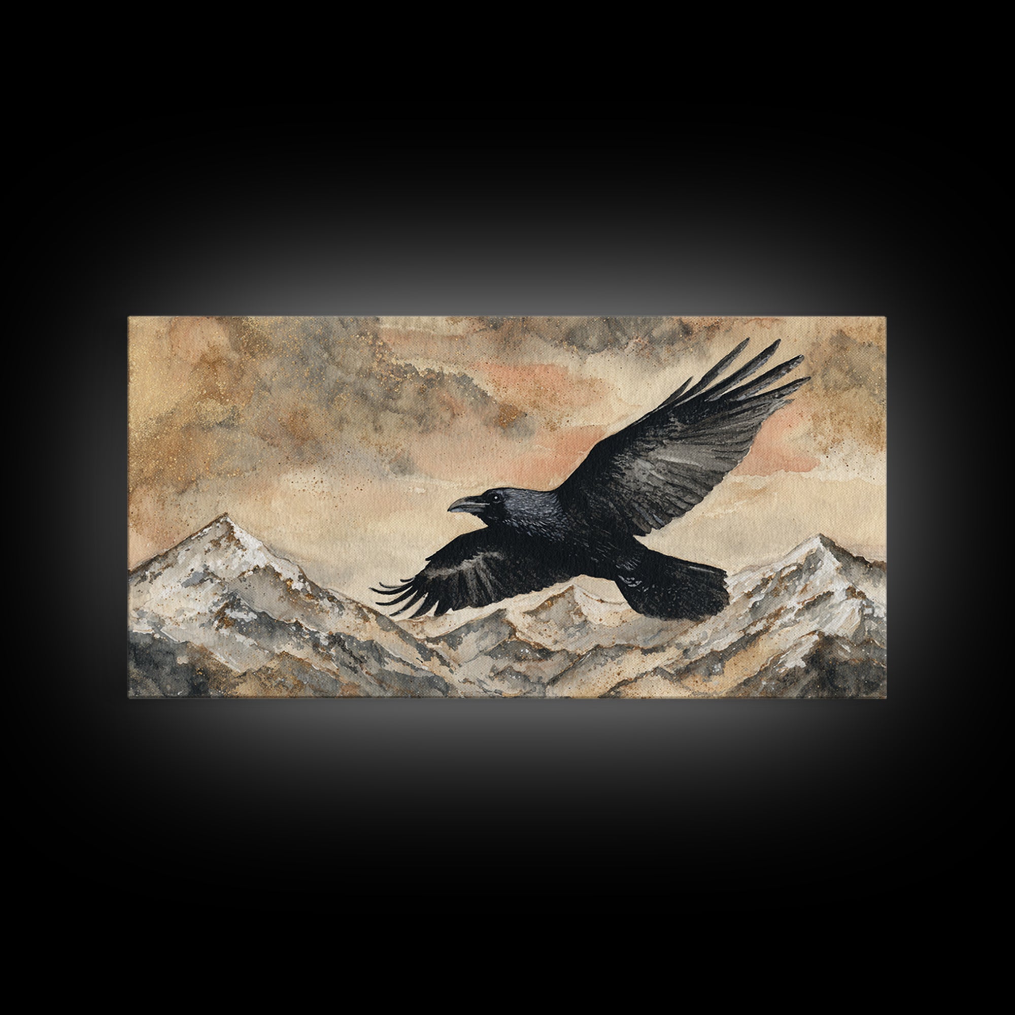 Raven Flying Through Snowy Mountains Canvas Print, Wildlife Art, Textured Painting, Living Room Decor, Fine Art, Wild, WIL-2x1-44