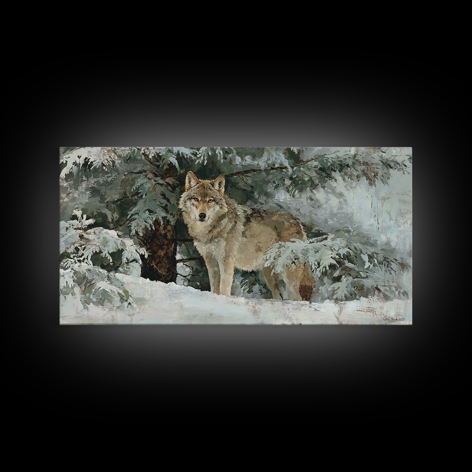 Wolf Standing Beneath Snowy Pine Trees Canvas Print, Wildlife Art, Wall Art Print, Living Room Decor, Oil Painting, Wild, WIL-2x1-47